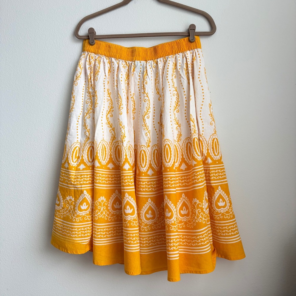 Studio West Yellow White Cotton Block Print Midi Skirt Large Bohemian Paisley